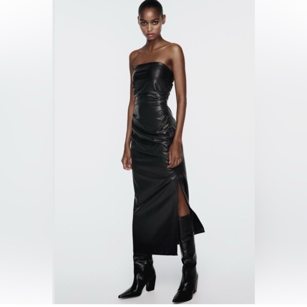 Zara Black Vegan Leather Strapless Dress